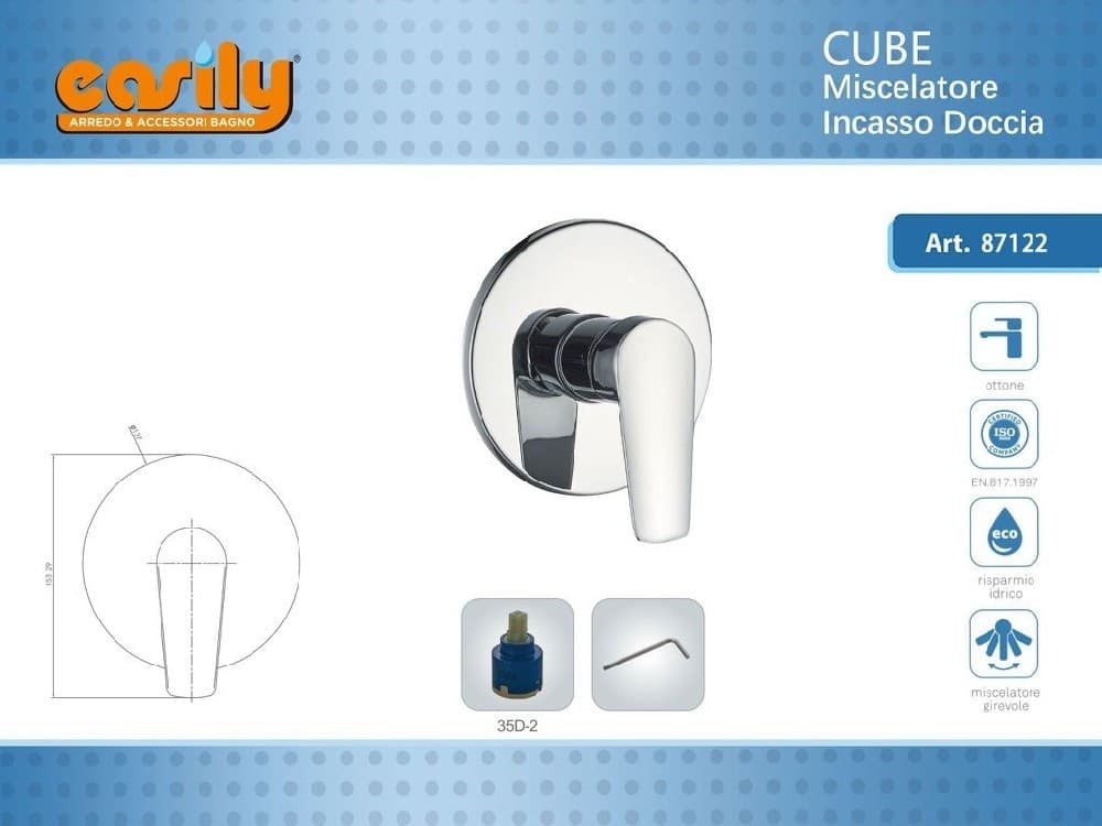 MISCELATORE DOCCIA AD INCASSO DA PARETE BAGNO MONOCOMANDO CROMATO CUBE 87122 - 2