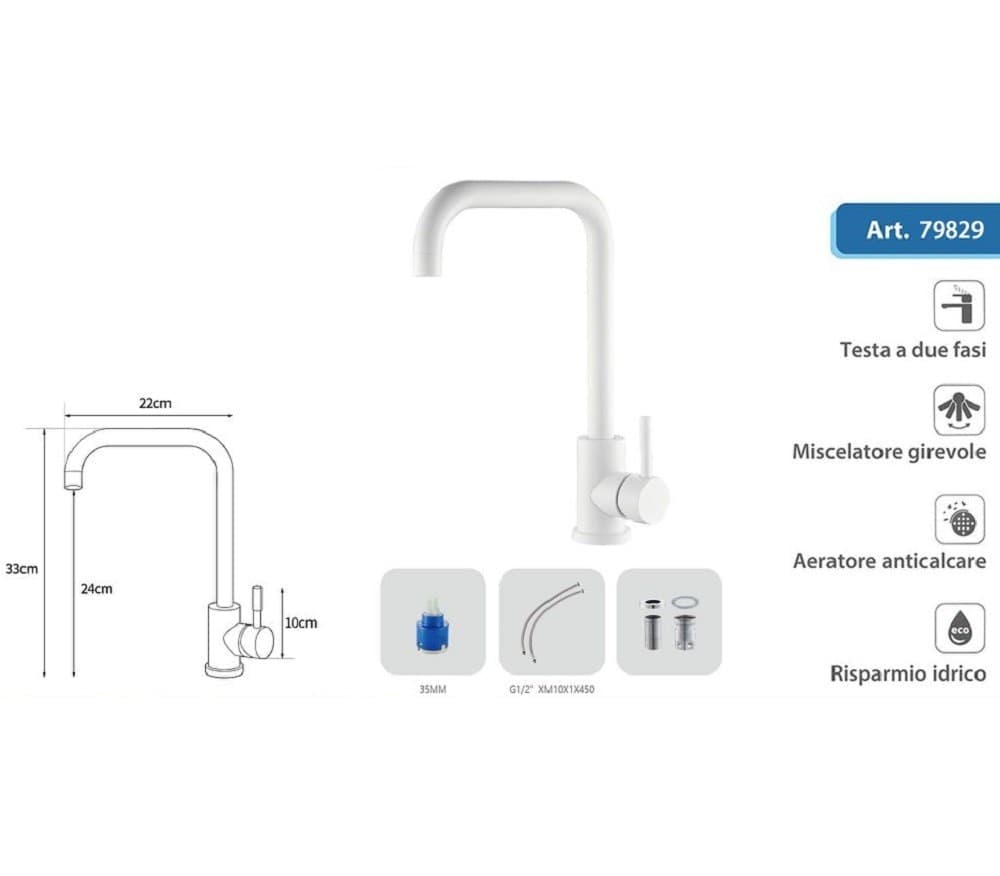 RUBINETTO MISCELATORE BIANCO PER LAVELLO DA CUCINA SATINATO A FORO SINGOLO 79829 - 2