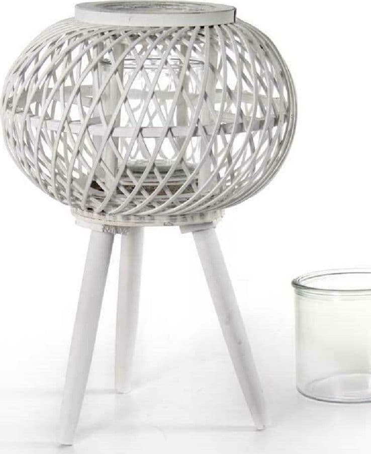 LANTERNA PORTACANDELA CON PIEDI TONDA 17X46CM IN LEGNO BAMBÙ VETRO BIANCO 777929 - 3