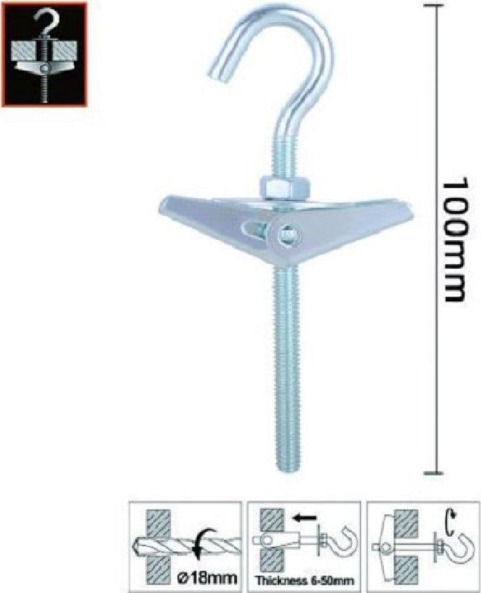 SET 2PZ ANCORA A FARFALLA CON GANCIO ACCIAIO CON DADO RONDELLA M6 X 100 MM 57230 - 2