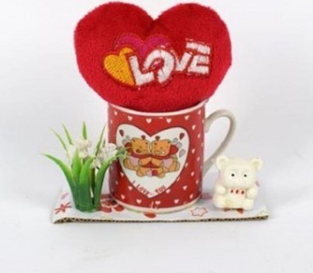 TAZZINA CON CUORE LOVE PELUCHE IDEA REGALO SAN VALENTINO 10.5X11X5CM CONFEZIONE - 3