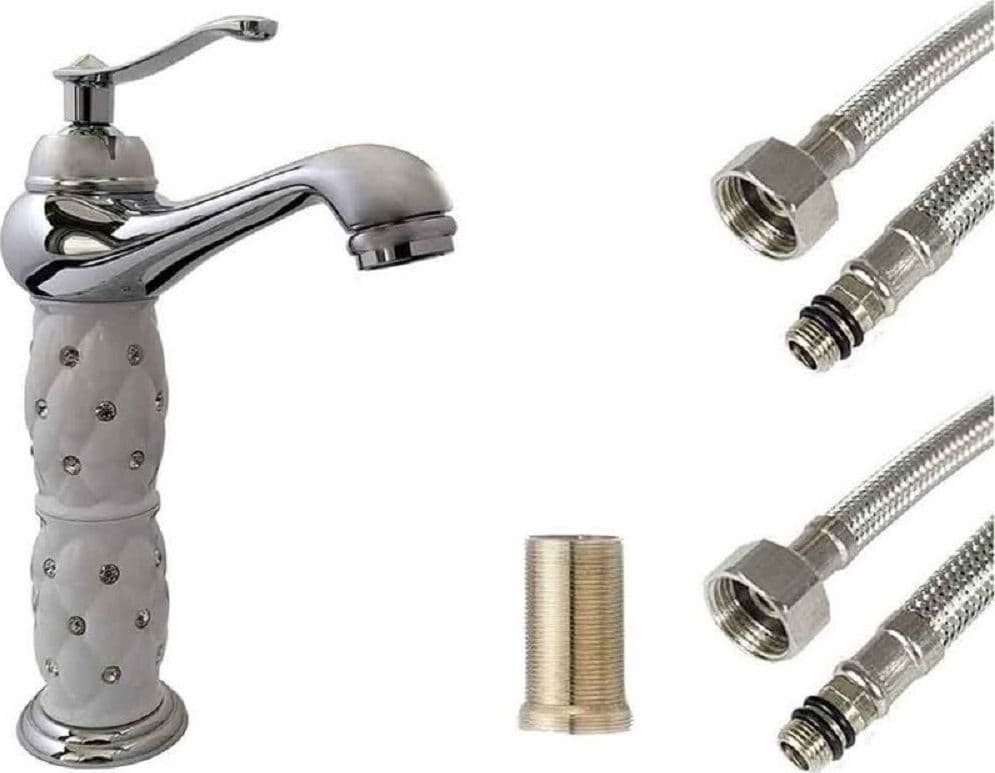 RUBINETTO LAVABO BRILLANTINI MISCELATORE BAGNO MONOFORO ARGENTO CANNA ALTA 52156 - 3