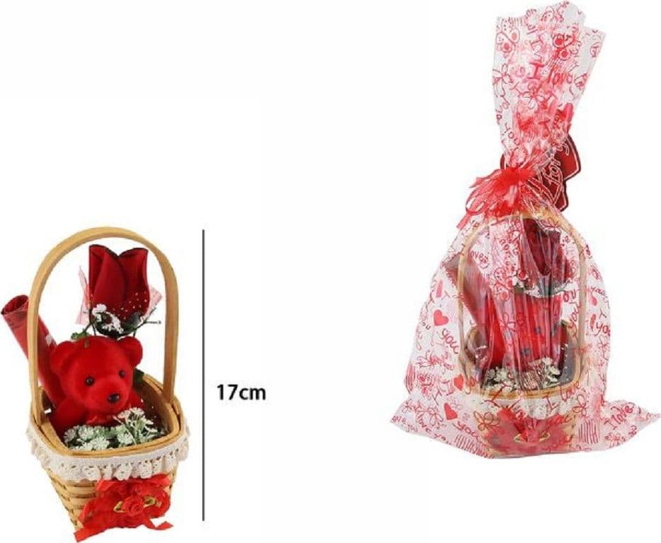 CESTA CON PELUCHE ORSETTO ROSSO IDEA REGALO SAN VALENTINO FIORI CONFEZIONE 63294 - 2