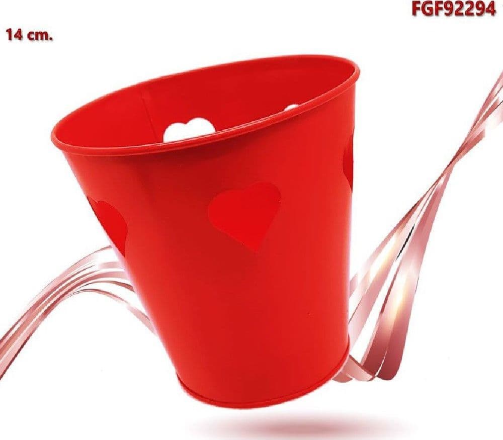 SECCHIELLO DECORATIVO ROSSO IN LATTA 14 CM CUORI IDEA REGALO SAN VALENTINO 92294 - 2