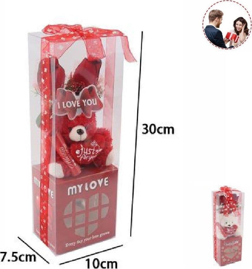 ORSETTO PELUCHE CON CUORE FIORI CONFEZIONE REGALO SAN VALENTINO 10X7.5X30CM 63302 - 2