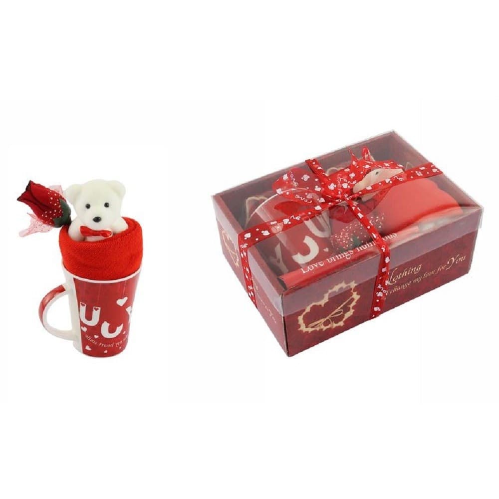 TAZZA ORSETTO BIANCO IN PELUCHE FIORE CONFEZIONE REGALO PER SAN VALENTINO 63298 - 3