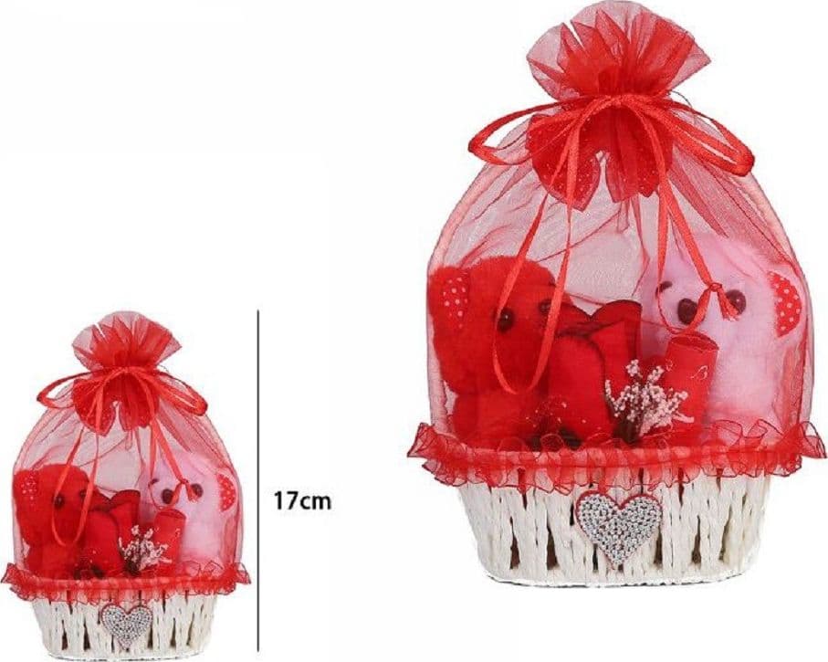 COPPIA PELUCHE ORSETTI CON CESTA FIORE ROSSO IDEA REGALO PER SAN VALENTINO 63296 - 2
