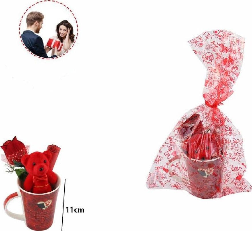 TAZZA CON PELUCHE ORSETTO ROSSO REGALO SAN VALENTINO CON FIORE CONFEZIONE 63297 - 2