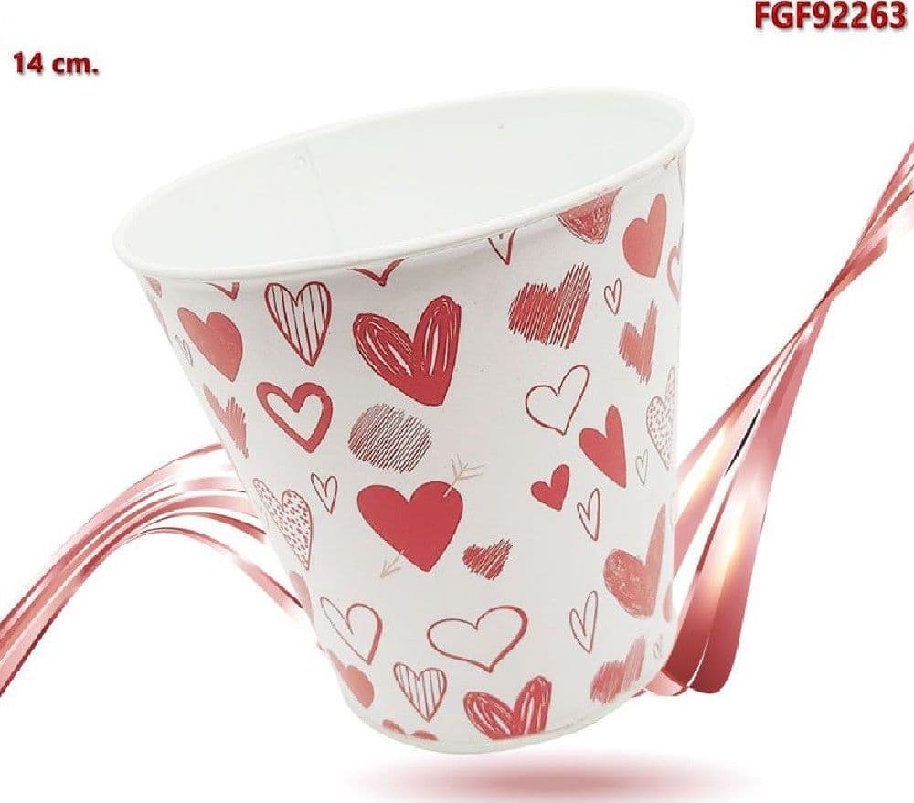 SECCHIELLO DECORATIVO IN LATTA CON CUORI ROSSO BIANCO 14CM SAN VALENTINO 92263 - 2