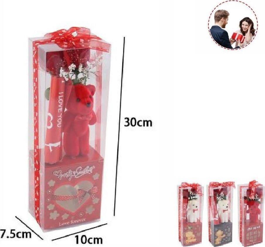 ORSETTO PELUCHE CON FIORE CONFEZIONE REGALO PER SAN VALENTINO 10X7.5X30CM 63300 - 2