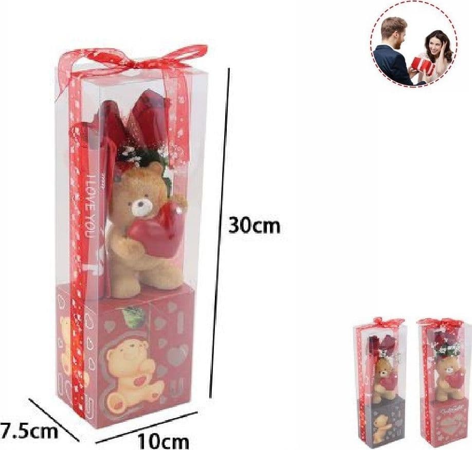 ORSETTO CON CUORE FIORI CONFEZIONE REGALO PER SAN VALENTINO 10X7.5X30 CM 63303 - 2