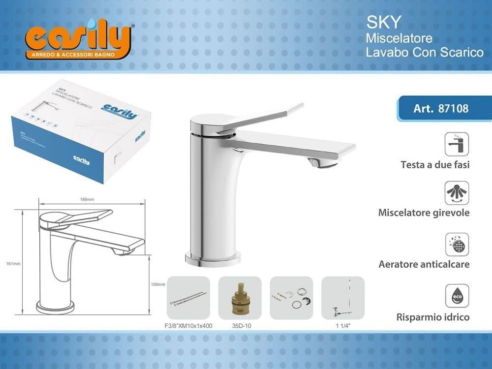 RUBINETTO MISCELATORE MONOCOMANDO CROMATO PER LAVABO LAVANDINO MODERNO SKY87108 - 2