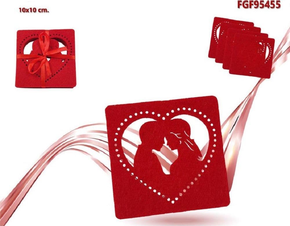 SET 4 PZ SOTTOBICCHIERI 10X10CM QUADRATO CUORE TESSUTO ROSSO SAN VALENTINO 95455 - 2