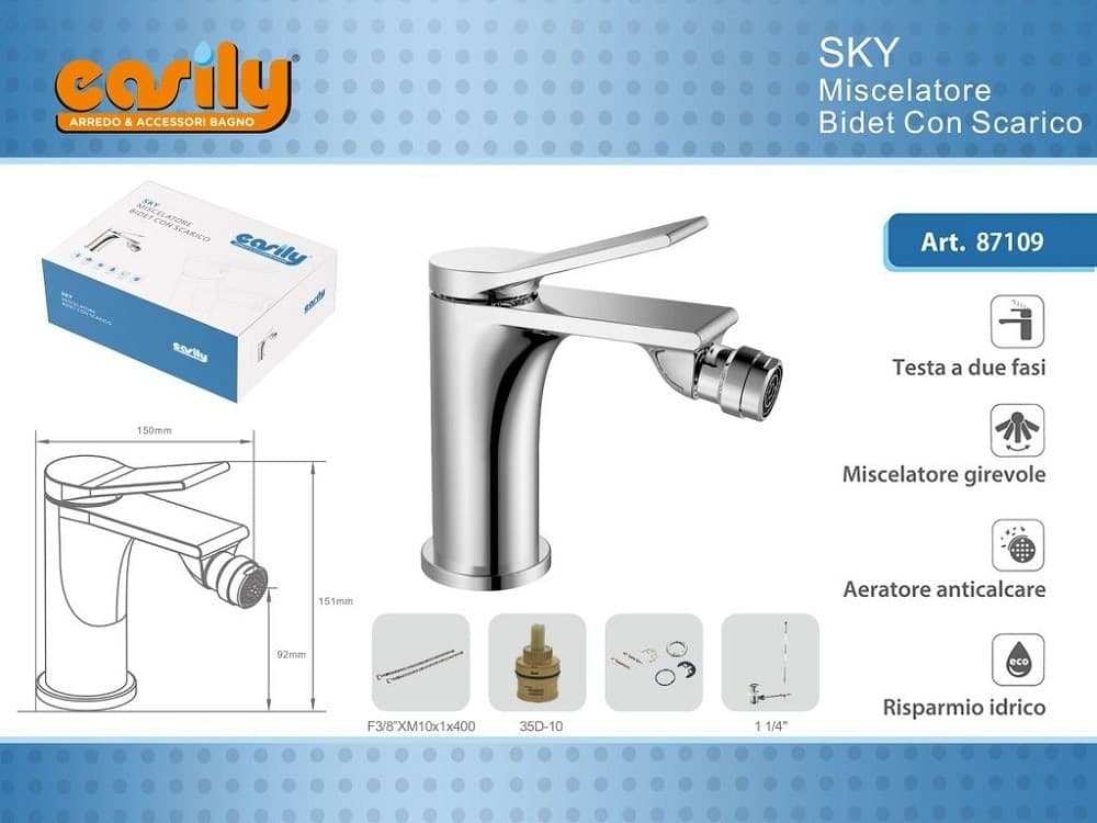 RUBINETTO BIDET MISCELATORE MONOCOMANDO DESIGN MODERNO CROMATO CLASSIC SKY87109 - 2