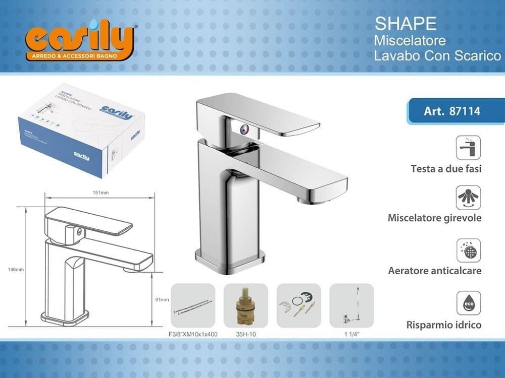 RUBINETTO MISCELATORE MONOCOMANDO CROMATO PER LAVABO LAVANDINO MODERNO SHAPE87114 - 2