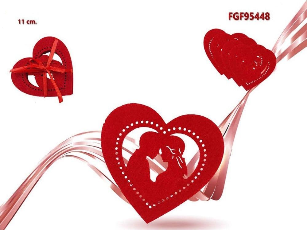 SET 4PZ SOTTOBICCHIERI 11CM SAN VALENTINO FORMA CUORE TESSUTO ROSSO FELTRO 95448 - 2