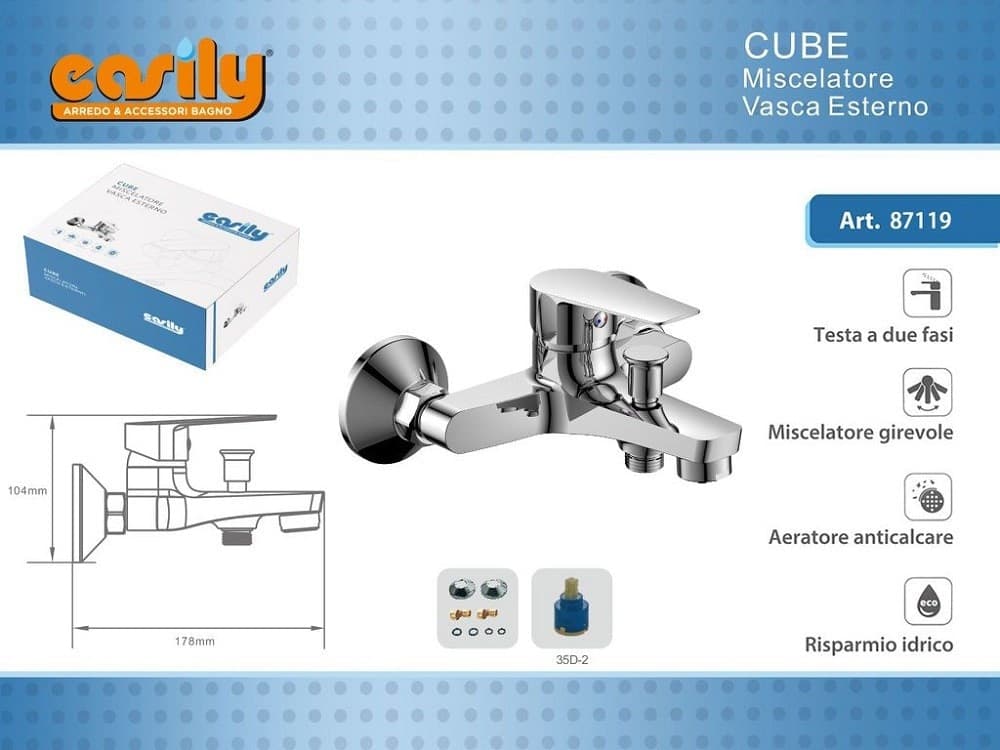 RUBINETTO MISCELATORE GRUPPO VASCA DA BAGNO CROMATO CON ATTACCO DOCCIA CUBE87119 - 2