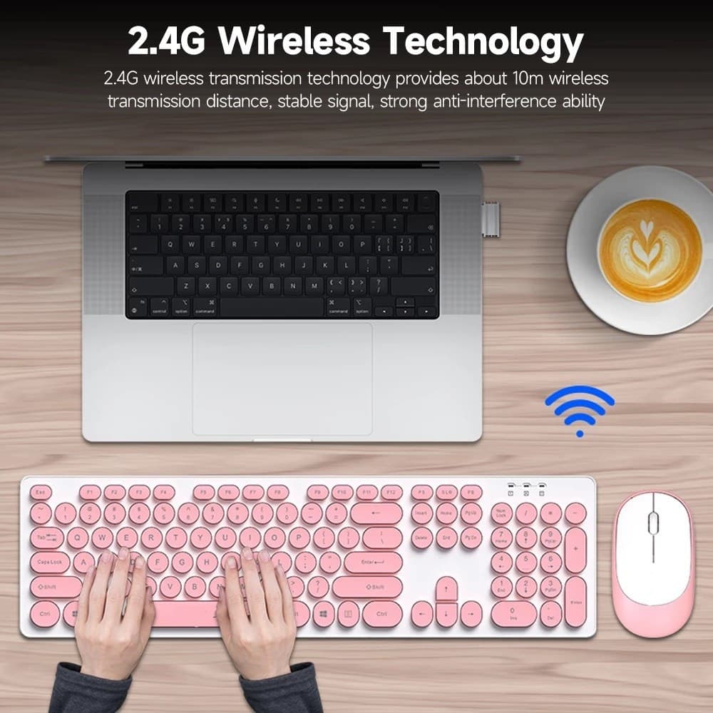 SET TASTIERA MOUSE SENZA FILI 2.4G COMBO RETRO KEYCAP ROTONDO PC LAPTOP TF770 - 4