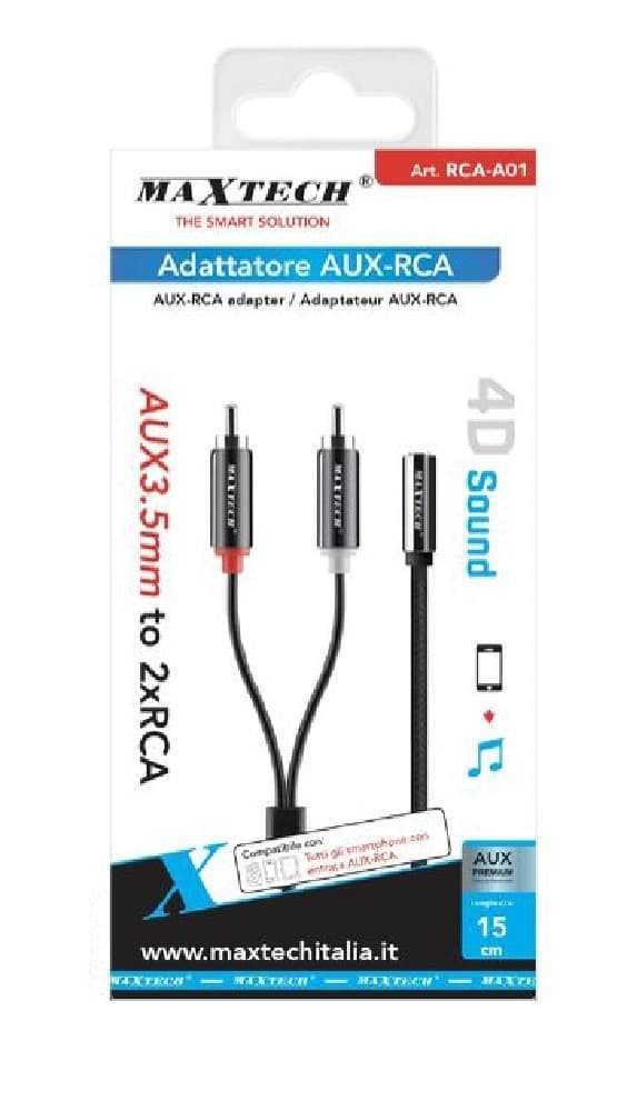 CAVO ADATTATORE AUDIO STEREO AUX JACK 3.5MM FEMMINA A 2XRCA MASCHIO 15CM RCA-A01 - 4