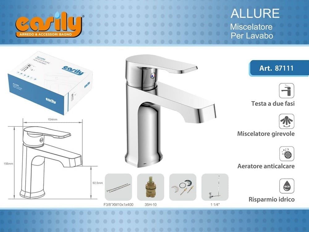 RUBINETTO MISCELATORE MONOCOMANDO CROMATO LAVABO LAVANDINO MODERNO ALLURE 87111 - 2