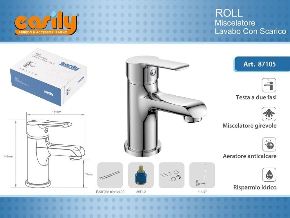 RUBINETTO MISCELATORE MONOCOMANDO CROMATO PER LAVABO LAVANDINO MODERNO ROLL87105 - 2