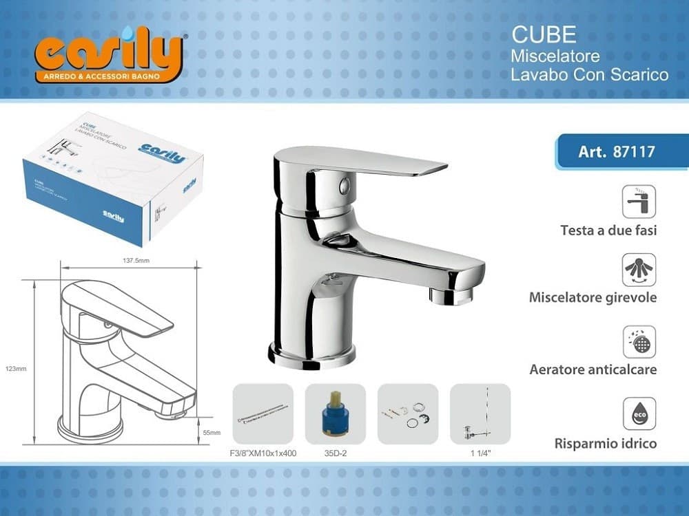 RUBINETTO MISCELATORE MONOCOMANDO CROMATO PER LAVABO LAVANDINO MODERNO CUBE87117 - 2
