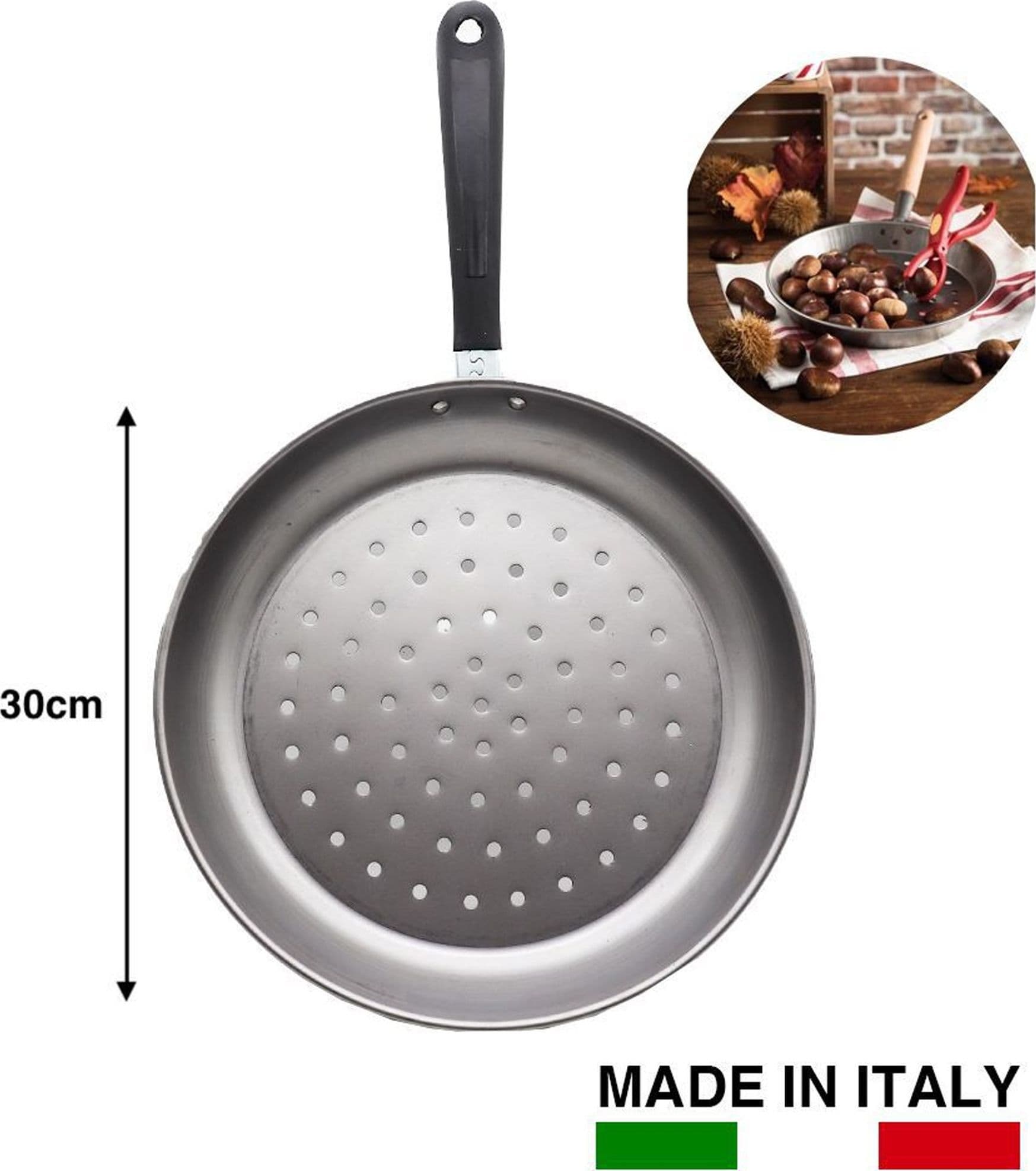 PADELLA PER CASTAGNE CALDARROSTE IN FERRO 30 CM MANICO IN FERRO UTENSILE CUCINA