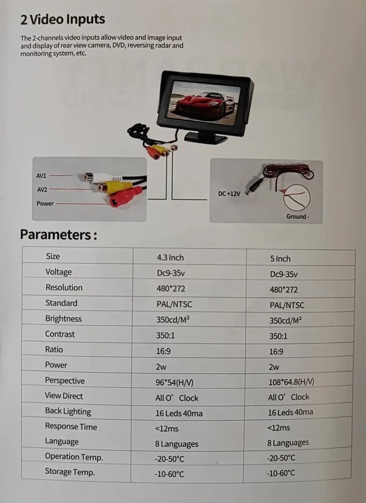 MONITOR PER AUTO SUV CAMIONCINO Q-CA901 DA 5" HD AV A COLORI TFT-LCD TELECAMERA - 7