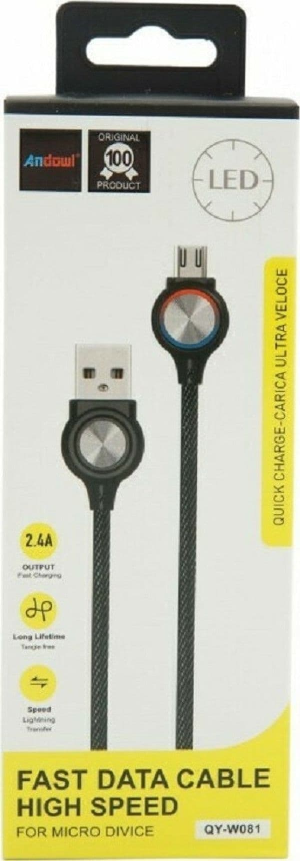 CAVO MICRO USB A USB2.0 2.4A CON INDICATORE LED DATI CARICA ULTRA VELOCE QY-W081 - 3