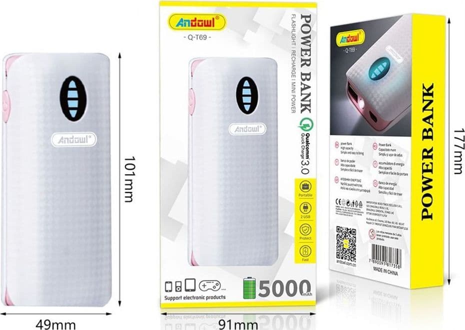 POWER BANK PORTATILE 5000MAH CON TORCIA A LED 2 PORTE USB RICARICA VELOCE Q-T69 - 5