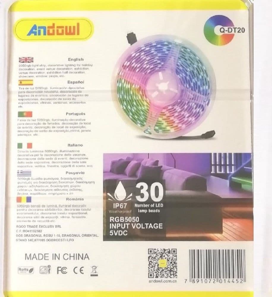 STRISCIA LED RGB USB 2 METRI CON TELECOMANDO 5050 5V IP67 IMPERMEABILE Q-DT20 - 4
