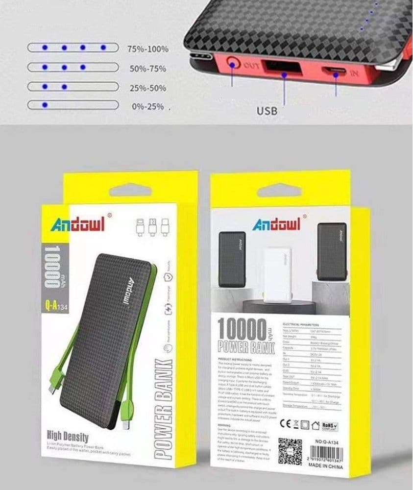 POWERBANK 10000MAH Q-A134 2 CAVI CONNETTORI MICRO USB LIGHTNING TYPE-C CARICATORE - 3