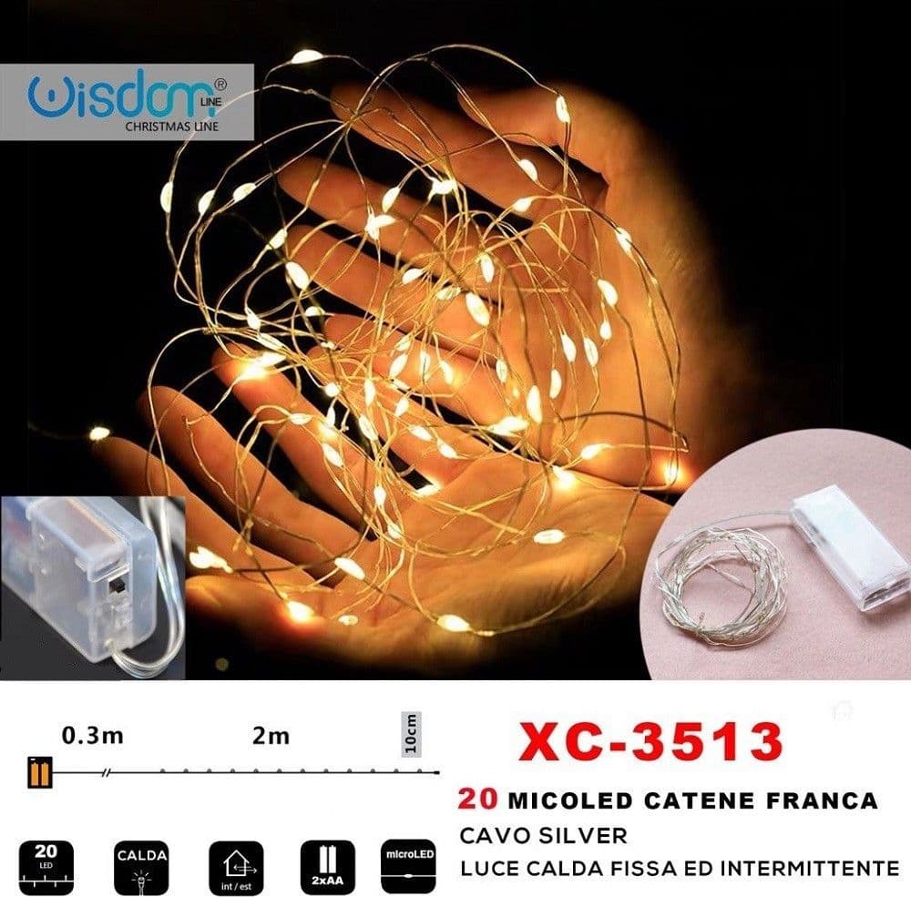 CATENA 20 MICROLED A BATTERIA CAVO SILVER LUCE CALDA FISSA+INTERMITTENTE XC-3513 - 1