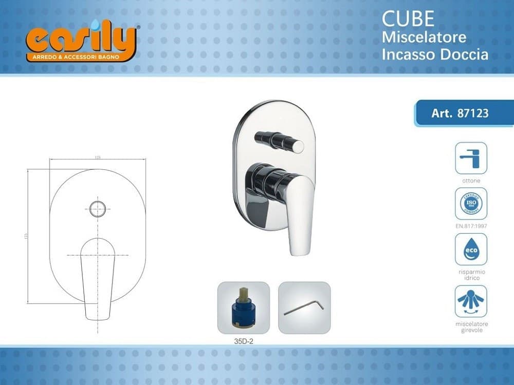 MISCELATORE INCASSO DOCCIA CON DEVIATORE PARETE BAGNO OTTONE CROMATO CUBE 87123 - 2