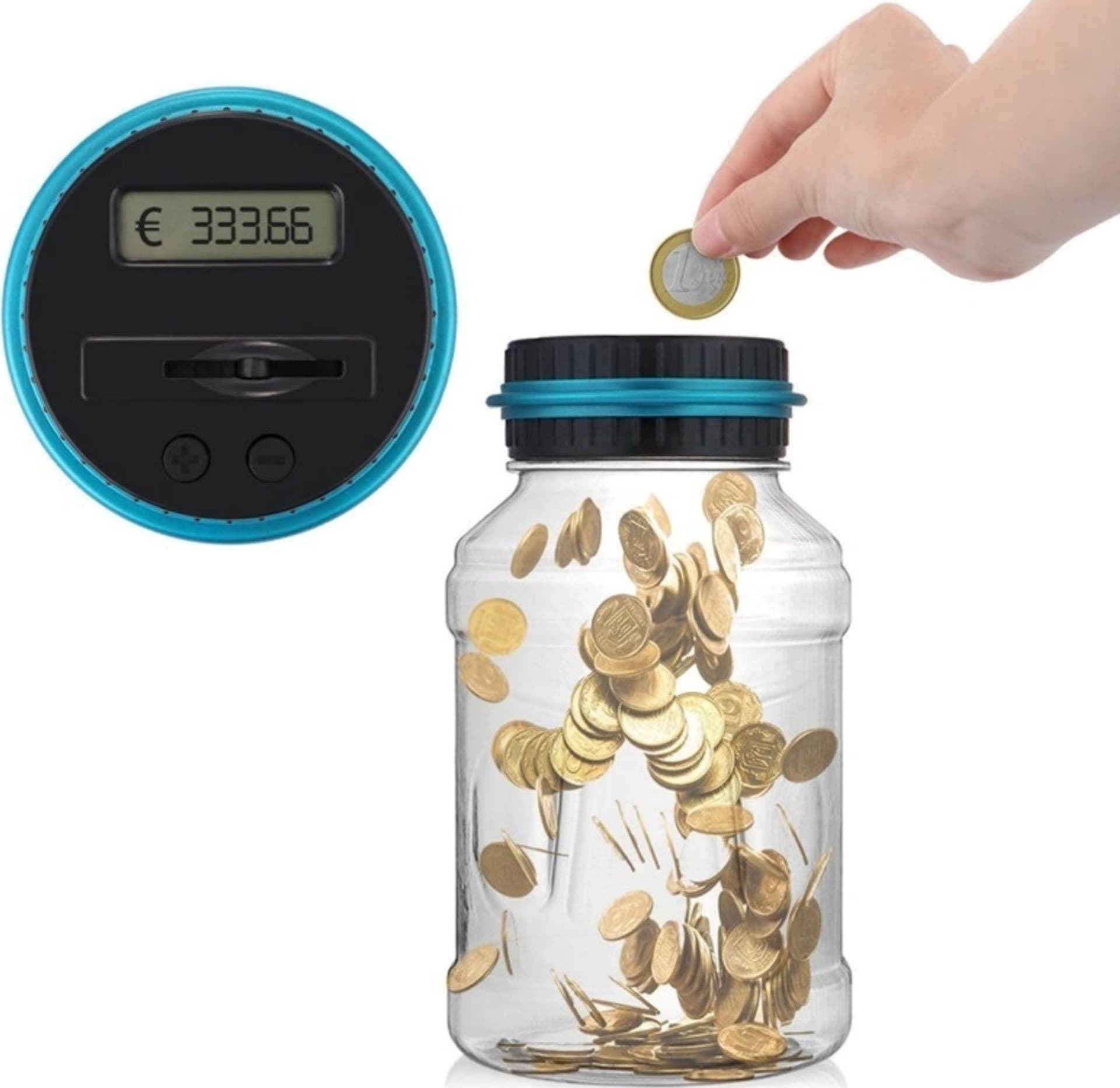 SALVADANAIO CON DISPLAY LCD CONTAMONETE AUTOMATICO FORMA BARATTOLO LETTURA EURO - 2