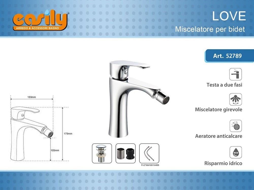 RUBINETTO BIDET MISCELATORE MONOCOMANDO DESIGN MODERNO CROMATO CLASSIC LOVE52789 - 2