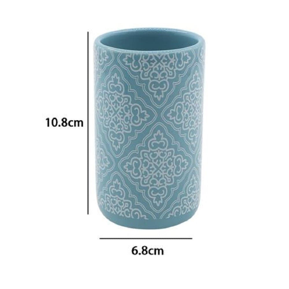 BICCHIERE PORTASPAZZOLINO AZZURRO CON MAIOLICHE ACCESSORI BAGNO 6.8X10.8CM 87022 - 2