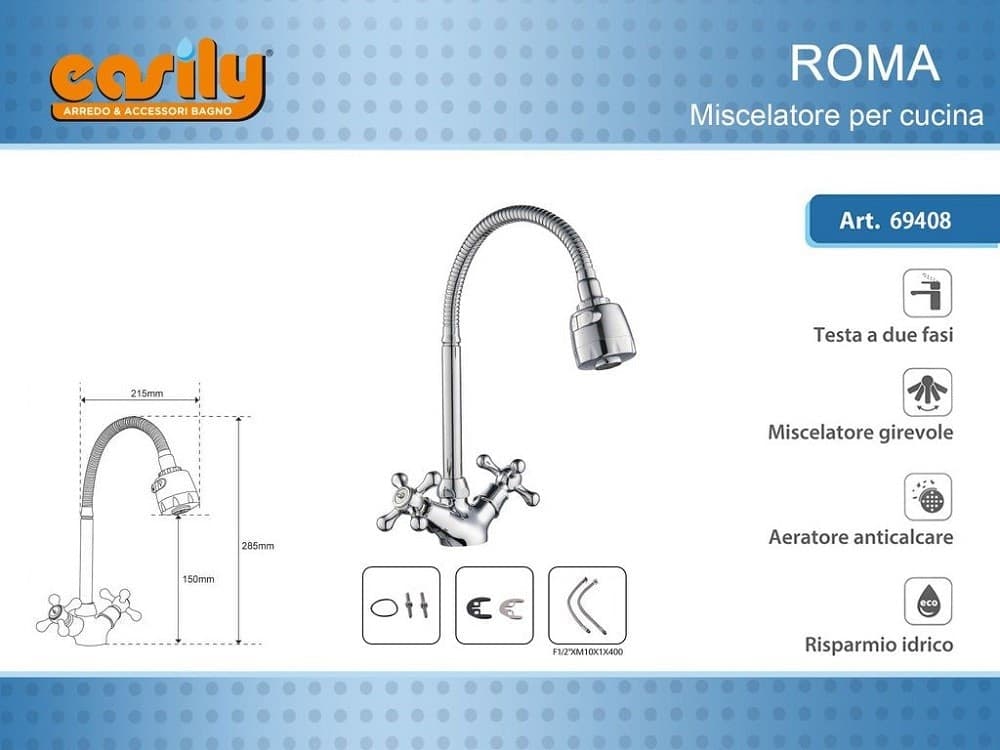 MISCELATORE RUBINETTO FLESSIBILE MANOPOLE CROCE CUCINA LAVELLO OTTONE ROMA 69408 - 2