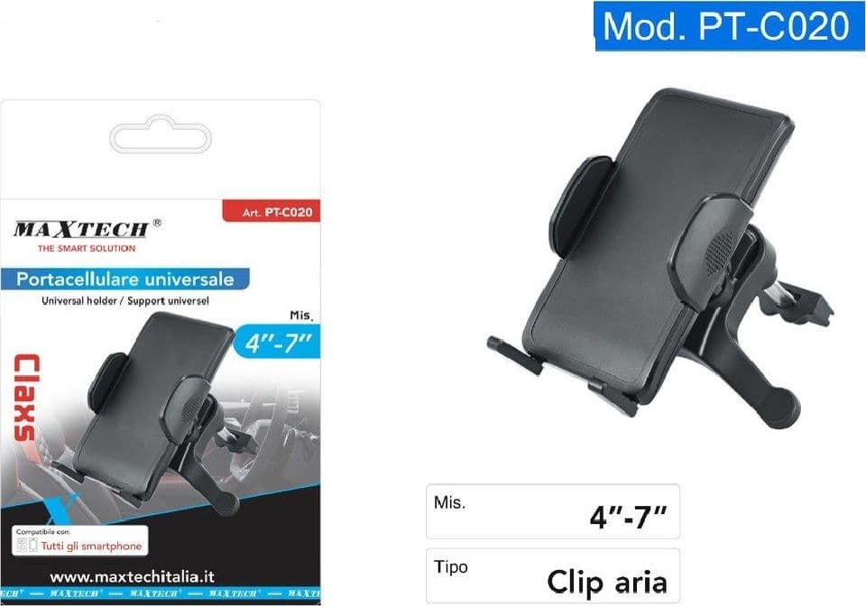 PORTACELLULARE UNIVERSALE CLIP ARIA SUPPORTO AUTO PER SMARTPHONE 4"-7" PT-C020 - 2
