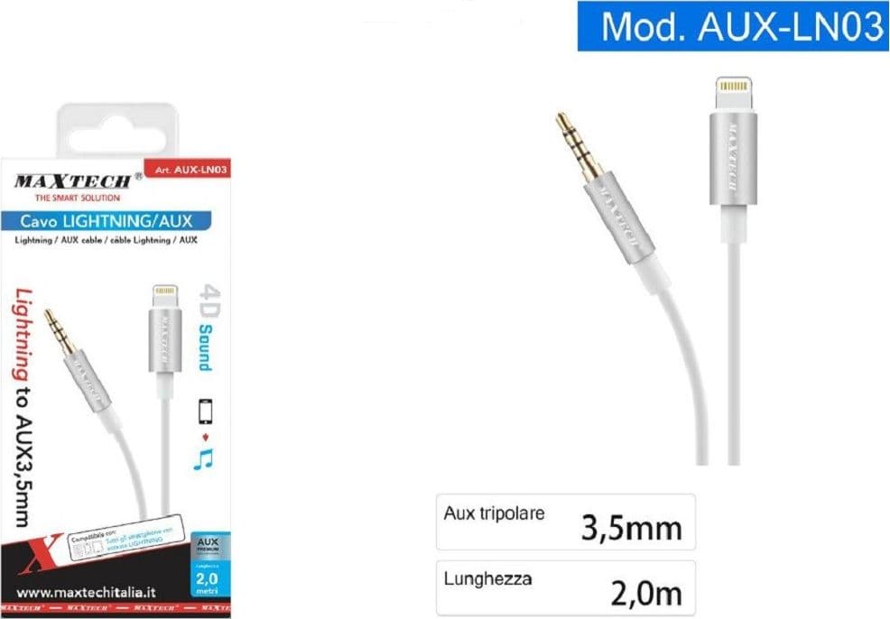 CAVO 2 MT ADATTATORE AUDIO CUFFIE AUX 3,5MM JACK TRIPOLARE A LIGHTNING AUX-LN03 - 2