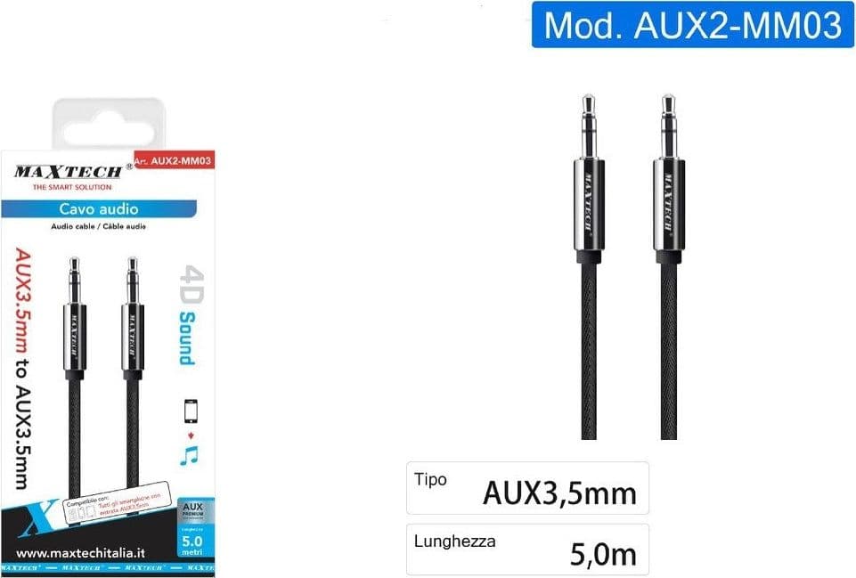 CAVO AUDIO STEREO 5 MT DOPPIO JACK AUX 3,5MM PROLUNGA PER SMARTPHONE AUX2-MM03 - 2