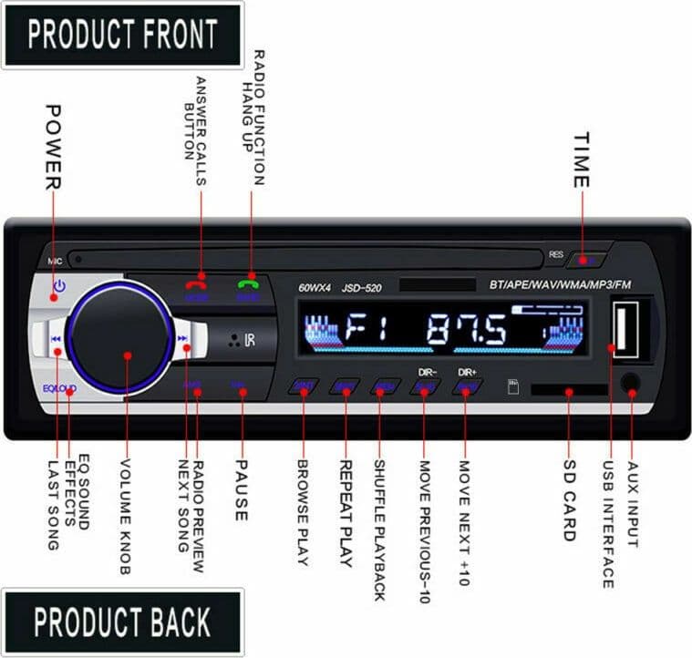 AUTORADIO LETTORE MP3 CA001B SISTEMA AUDIO AUTO UNIVERSALE 1 DIN BLUETOOTH AUX - 6