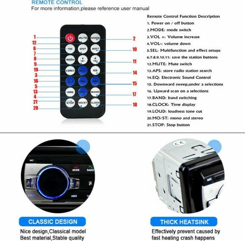 AUTORADIO LETTORE MP3 CA001B SISTEMA AUDIO AUTO UNIVERSALE 1 DIN BLUETOOTH AUX - 8