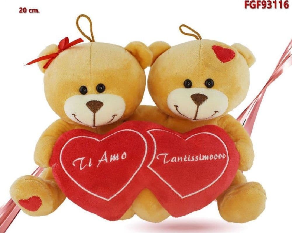 COPPIA ORSETTI CON DOPPIO CUORE 20CM PELUCHE LACCETTI REGALO SAN VALENTINO 93116 - 2