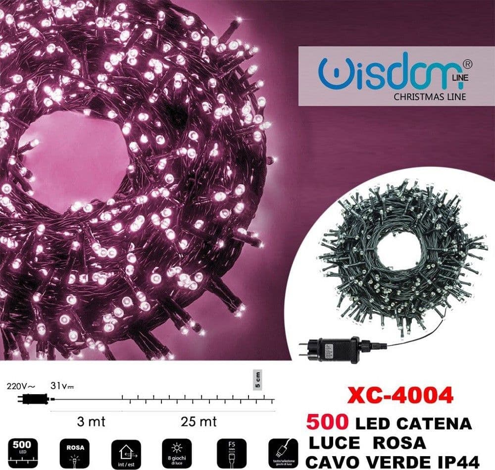CATENA LUMINOSA LUCI 500 LED LUCCIOLE LUCE ROSA CAVO VERDE IP44 XC-4004