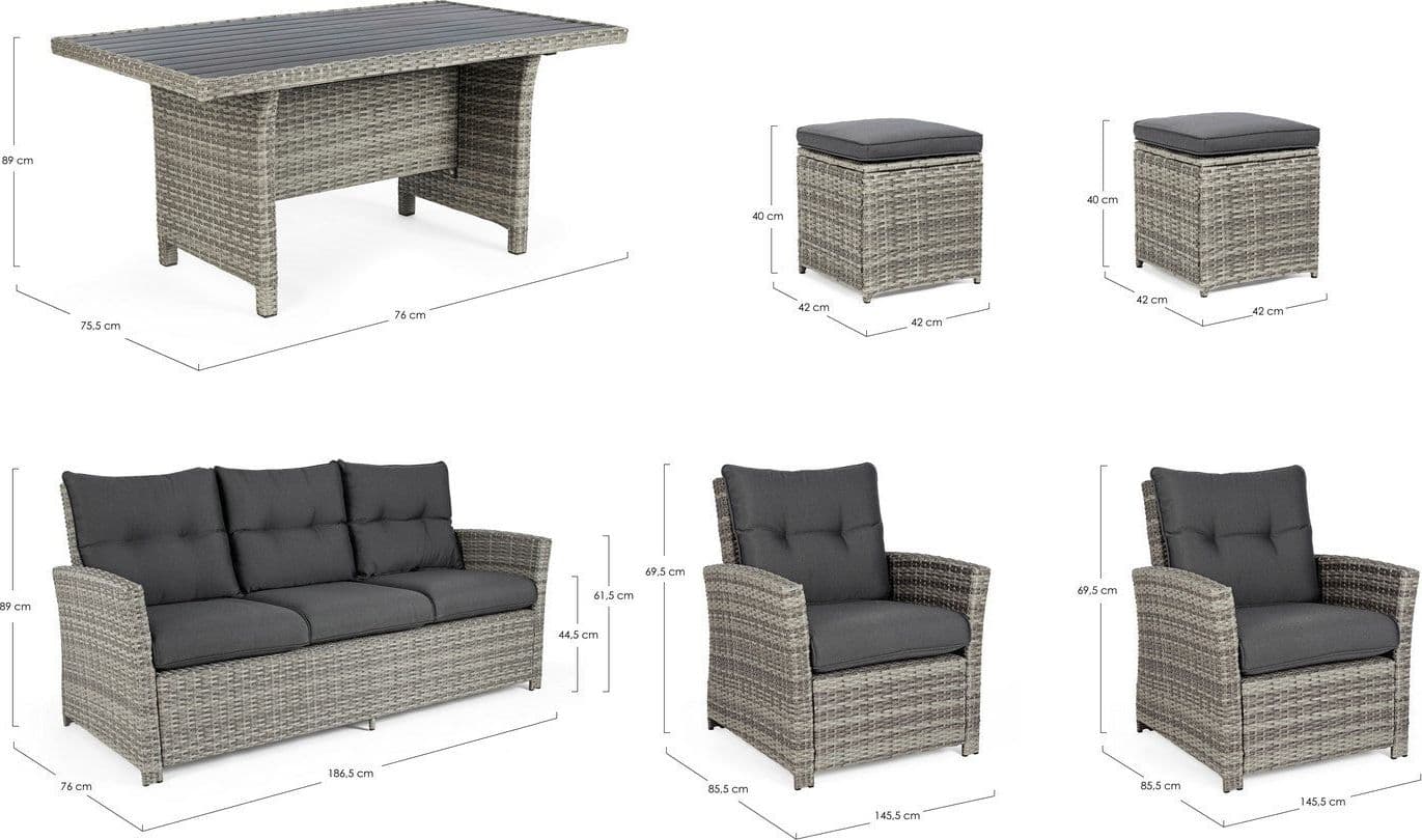 Salotto "Ariel" con poltrone, divanetto, pouf e tavolino, struttura in alluminio, per esterno Giardino e giardinaggio/Arredamento da giardino e accessori/Set di mobili Decor Space - Altamura, Commerciovirtuoso.it