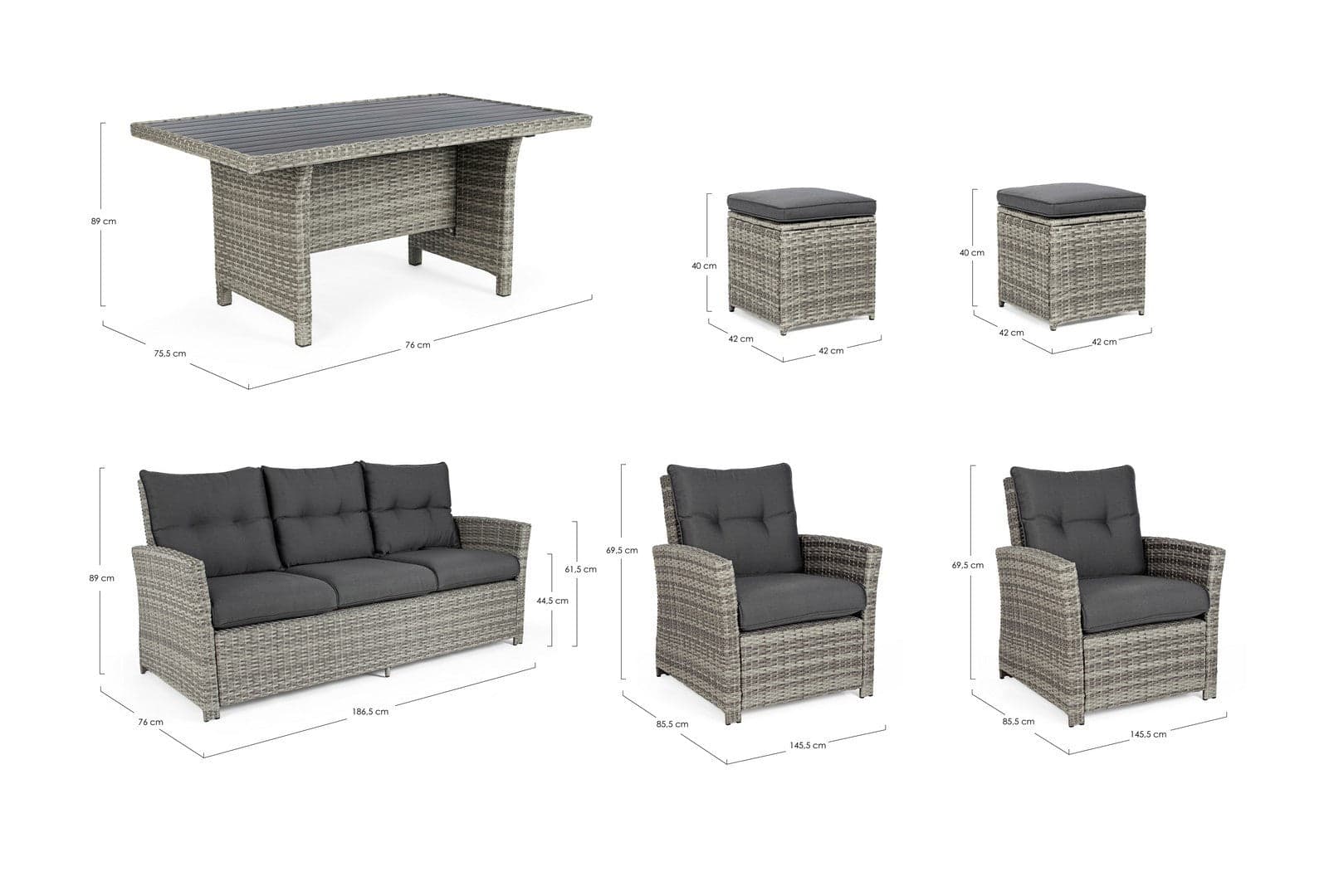 Salotto "Ariel" con poltrone, divanetto, pouf e tavolino, struttura in alluminio, per esterno Giardino e giardinaggio/Arredamento da giardino e accessori/Set di mobili Decor Space - Altamura, Commerciovirtuoso.it