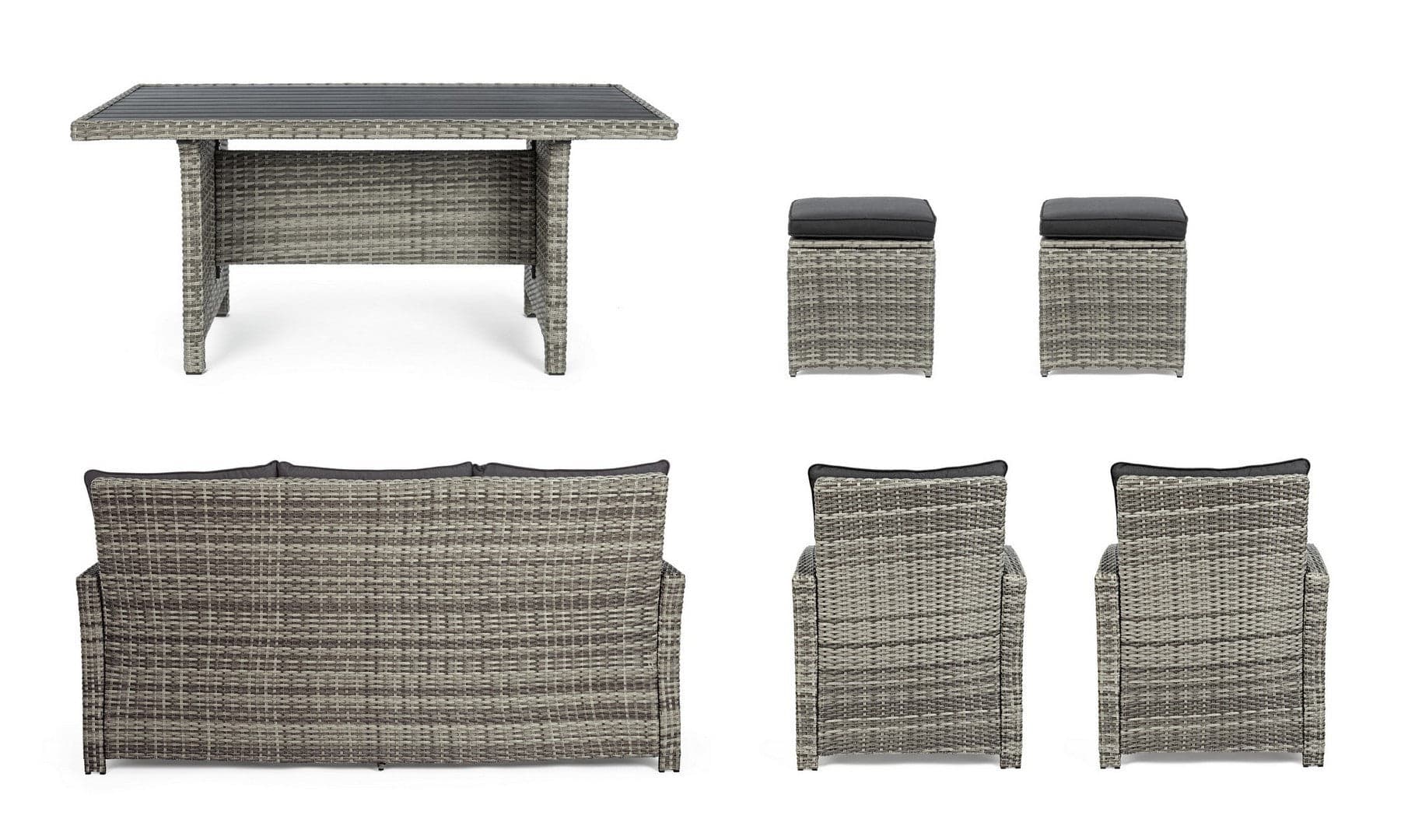 Salotto "Ariel" con poltrone, divanetto, pouf e tavolino, struttura in alluminio, per esterno Giardino e giardinaggio/Arredamento da giardino e accessori/Set di mobili Decor Space - Altamura, Commerciovirtuoso.it