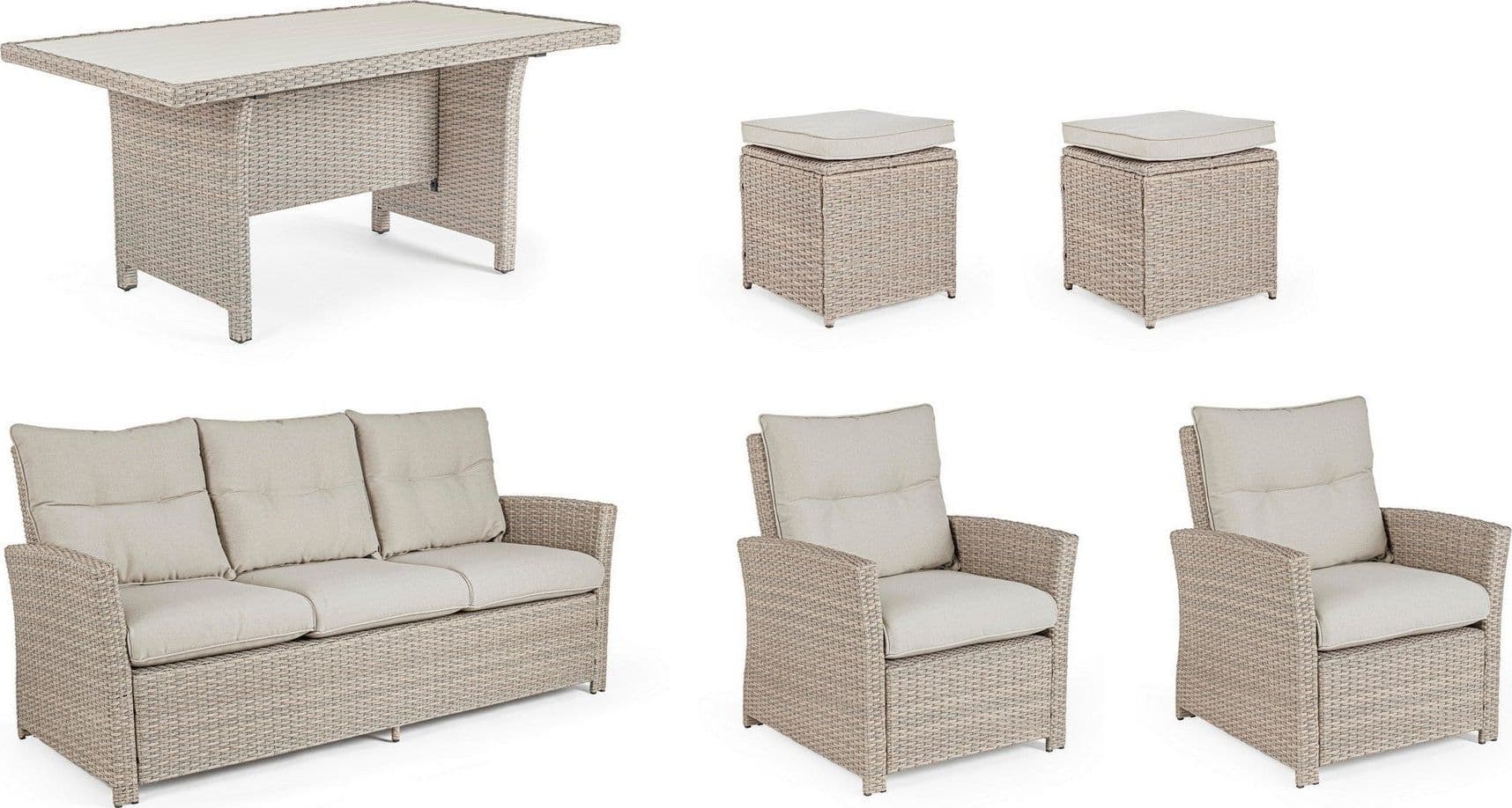 Salotto "Ariel" con poltrone, divanetto, pouf e tavolino, struttura in alluminio, per esterno Giardino e giardinaggio/Arredamento da giardino e accessori/Set di mobili Decor Space - Altamura, Commerciovirtuoso.it