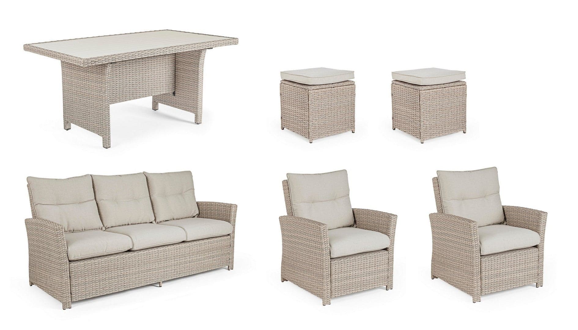 Salotto "Ariel" con poltrone, divanetto, pouf e tavolino, struttura in alluminio, per esterno Giardino e giardinaggio/Arredamento da giardino e accessori/Set di mobili Decor Space - Altamura, Commerciovirtuoso.it